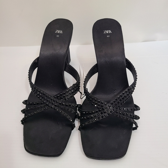 ZARA SATIN EFFECT RHINESTONE HEELED SANDALS BLACK SIZE 9 | 1815/110/800 - Picture 7 of 12